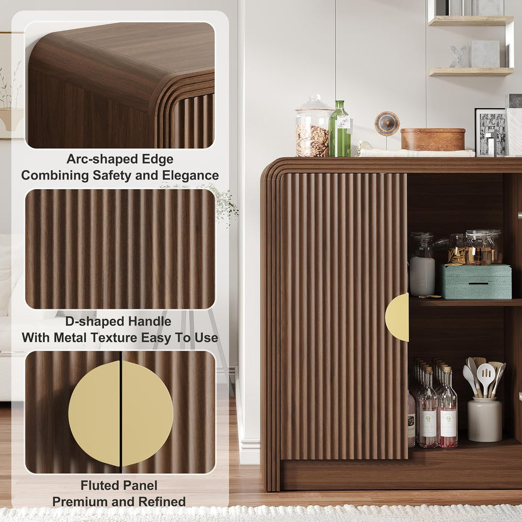 Decofy 55" Buffet Sideboard Cabinet, Mid Century Modern Console Cabinet with Wavy Grain Doors & Adjustable Shelves for Kitchen Cabinets, Living Room, Entryway, Coffee Bar Cabinet, Walnut
