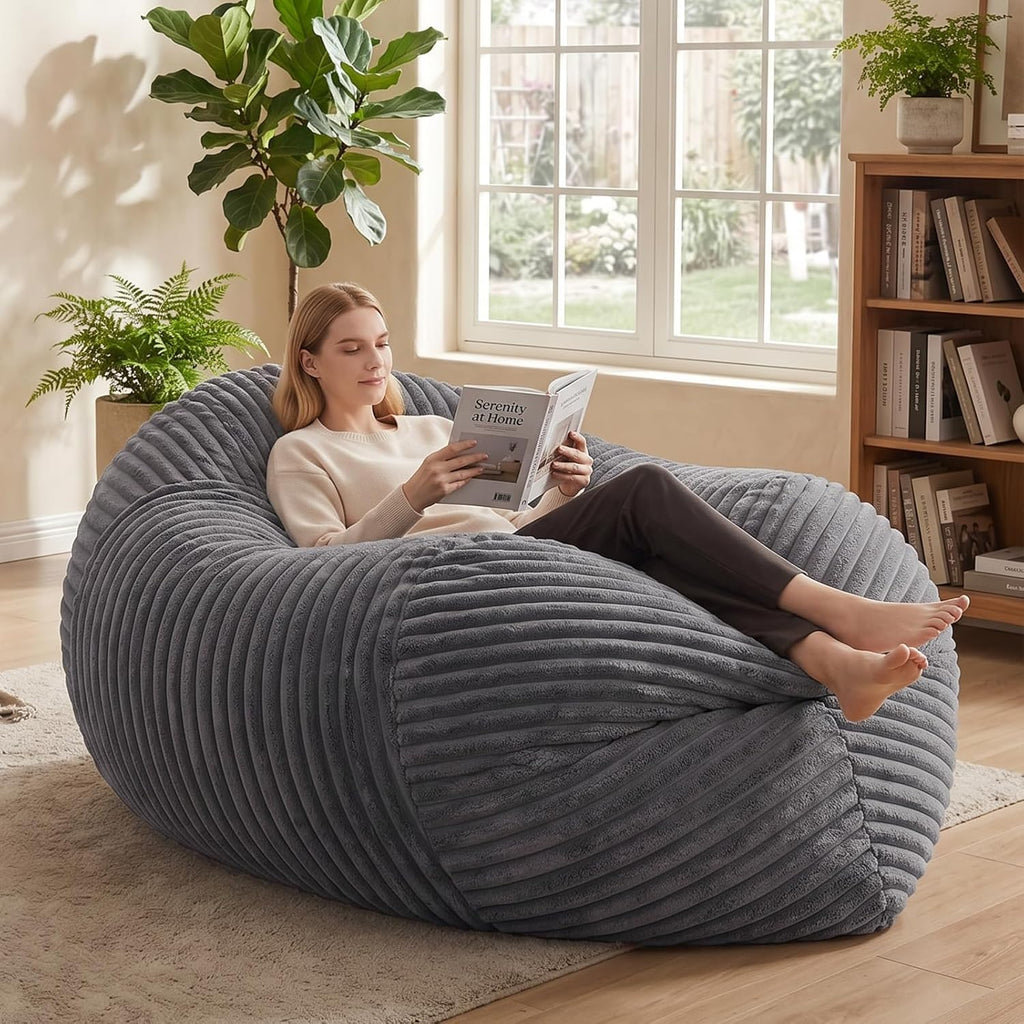 3 in 1 Bean Bag Chair with Memory Foam Filler, Beanbag Chairs for Adult with Washable Cover, Fluffy Oversize Bean Bag Chair Reading Lounger for Bedroom & Living Room (Dark Grey)