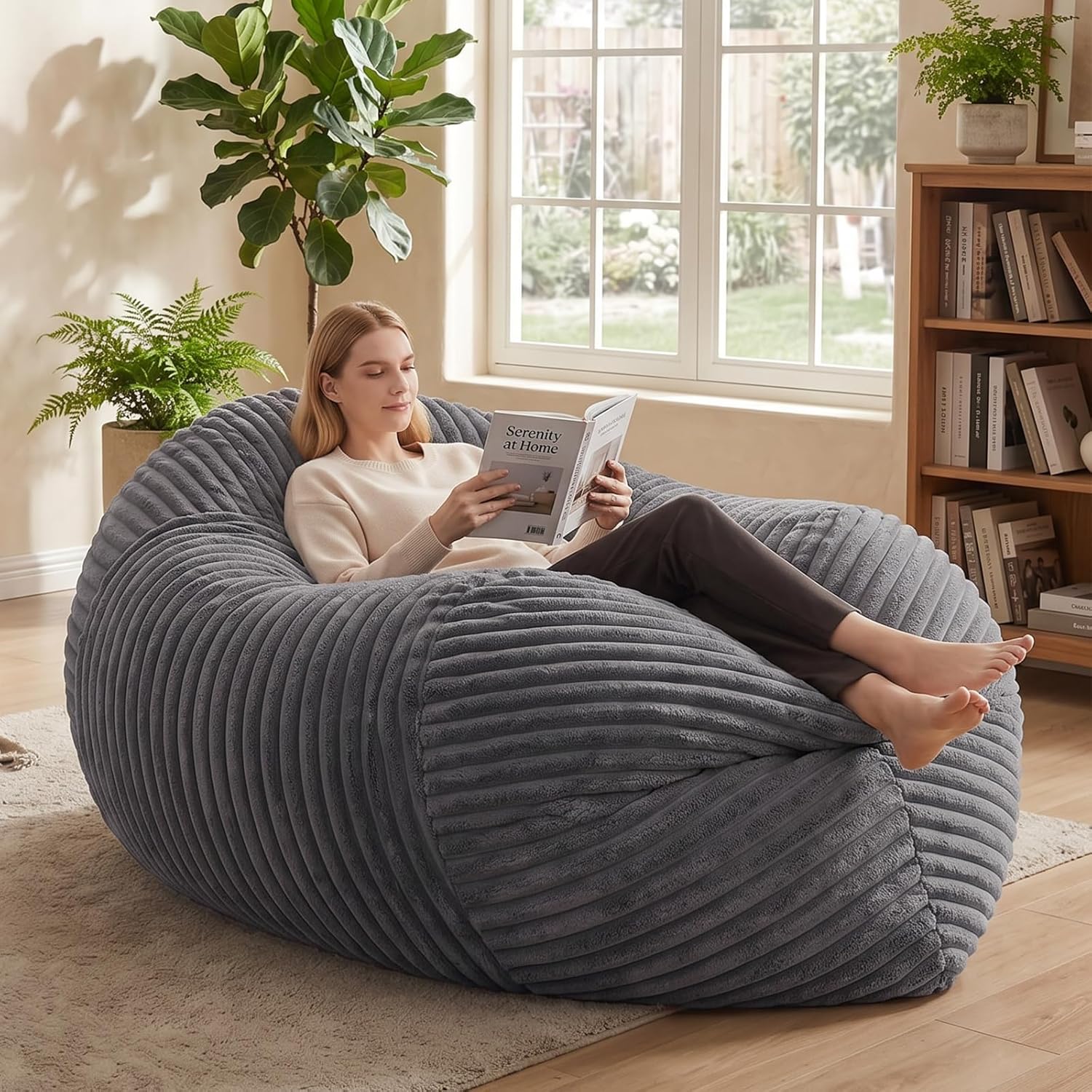 3 in 1 Bean Bag Chair with Memory Foam Filler, Beanbag Chairs for Adult with Washable Cover, Fluffy Oversize Bean Bag Chair Reading Lounger for Bedroom & Living Room (Dark Grey)