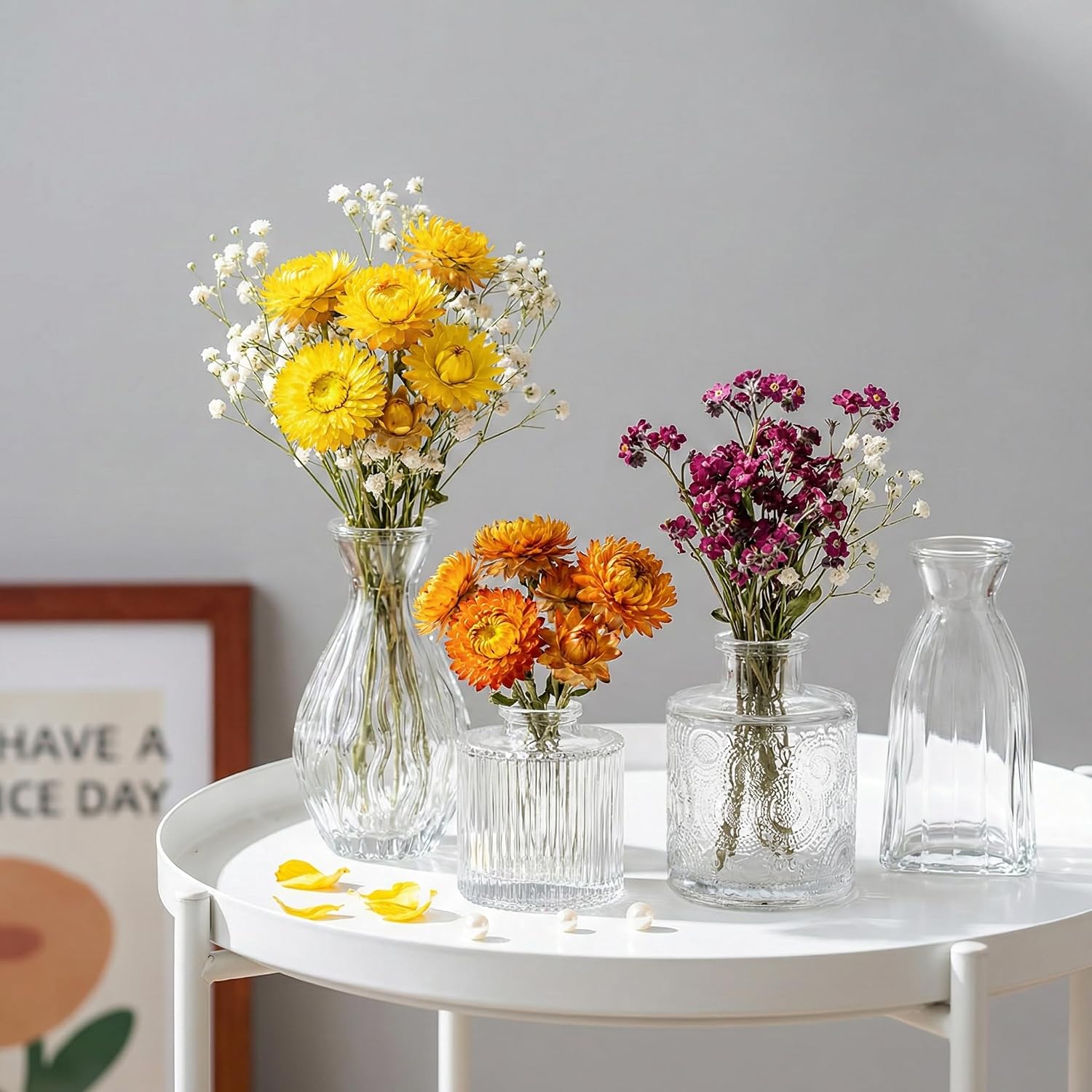 Glass Bud Vases Set of 4, 4 Sizes of Small Flower Vase for Party or Home Table Decorations
