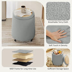 Storage Ottoman with Wheels, 15"W Swivel Rolling Foot Stool Boucle Terry Fabric Coffee Table Ottoman with Hidden Storage, Round Vanity Stools for Makeup Room Living Room Bedroom Entryway Dorm, Grey