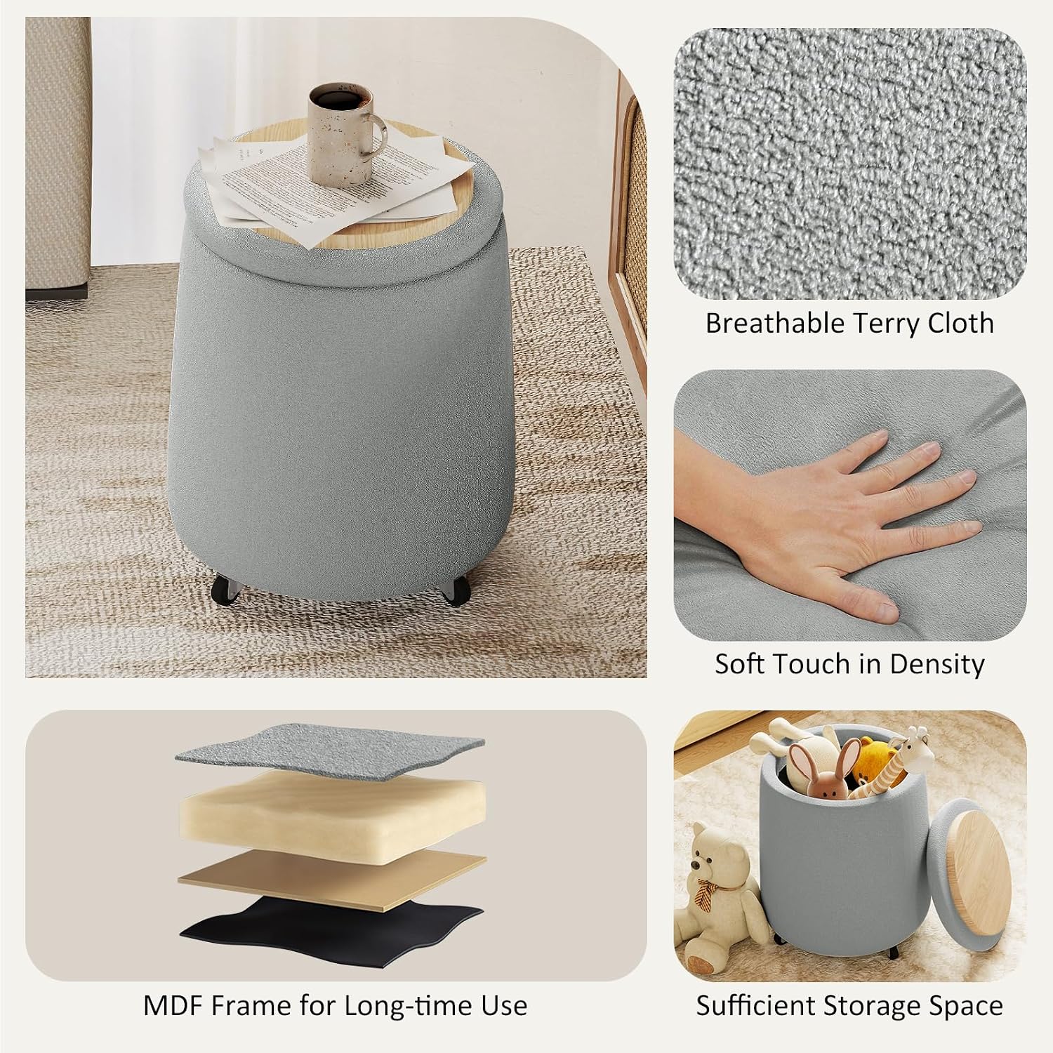 Storage Ottoman with Wheels, 15"W Swivel Rolling Foot Stool Boucle Terry Fabric Coffee Table Ottoman with Hidden Storage, Round Vanity Stools for Makeup Room Living Room Bedroom Entryway Dorm, Grey