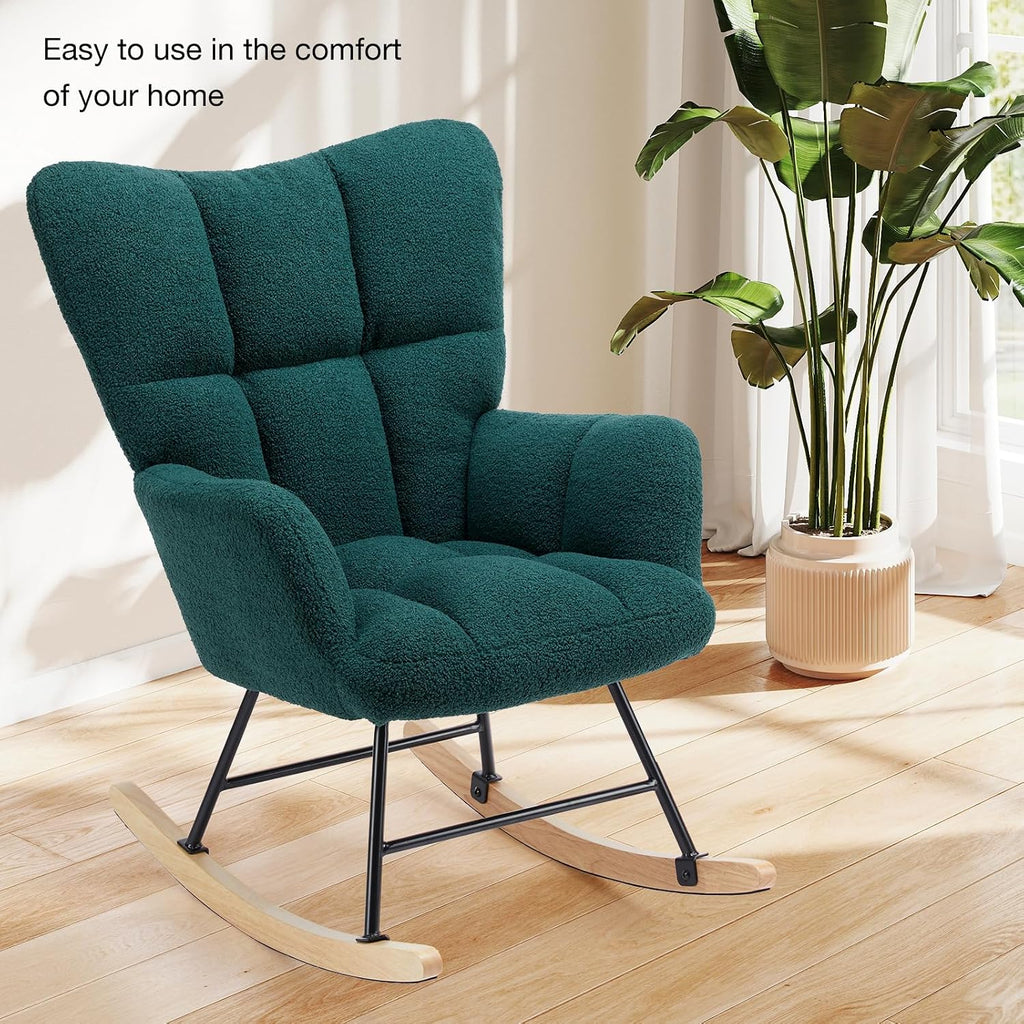 Rocking Chair Nursery Glider Recliner, Teddy Upholstered Nursing Chairs with Soft Seat Cushion Comfortable Armrests High Backrest for Bedroom Reading Living Room, Easy Assembly, Green