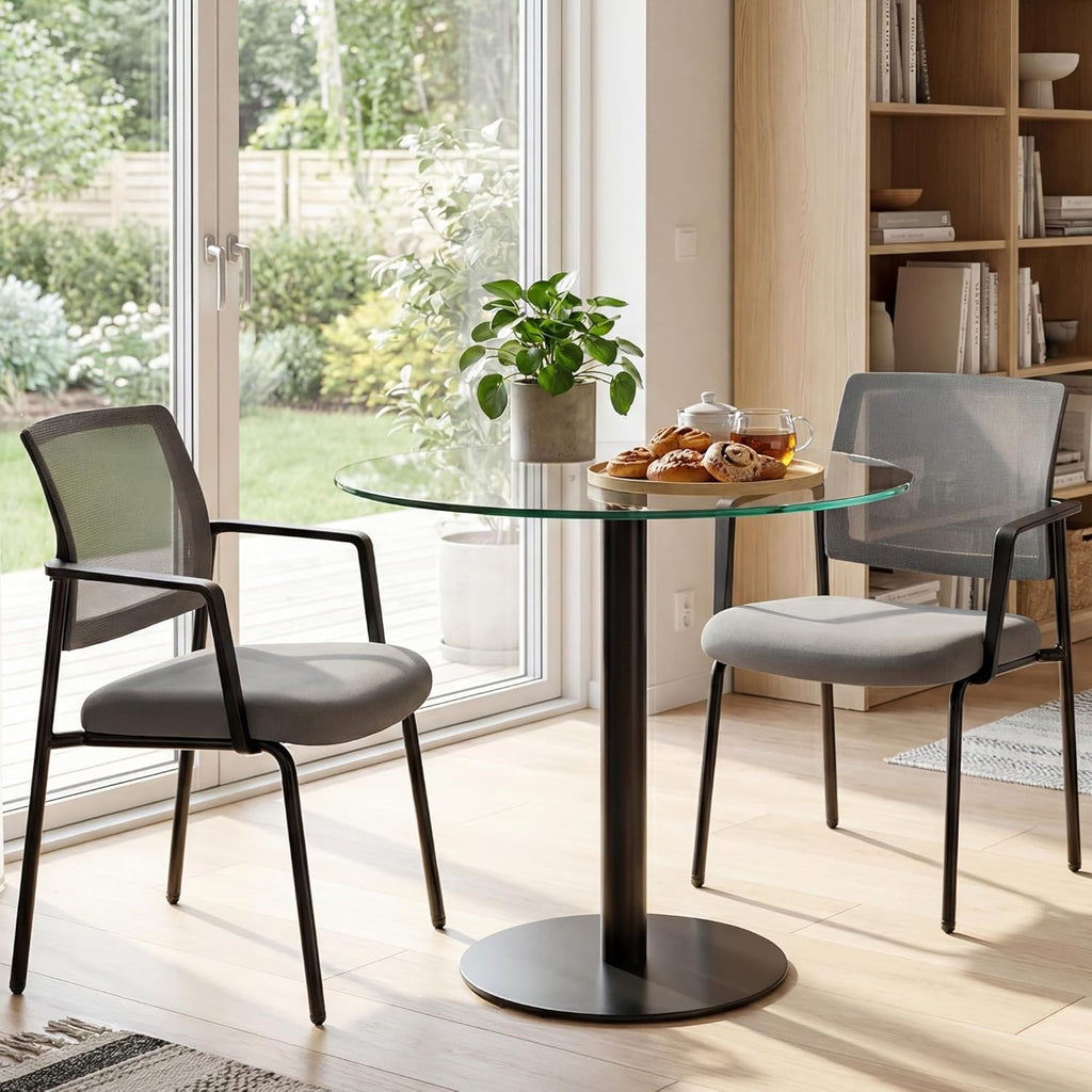 DUMOS Stackable Arm Chairs with Mesh Back and Upholstered Fabric, Easy to Store and Use, Perfect for Indoor and Outdoor Spaces, 1 Chair Grey