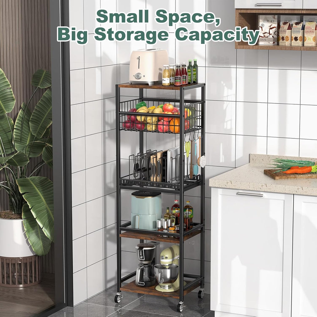 Housolution 5 Tier Kitchen Rolling Cart, Storage Cart with Metal Fruit Vegetable Basket and Pull-Out Pot Lid Cutting Board Organizer, Storage Rack with Wooden Top for Kitchen, Pantry, Bathroom, Brown