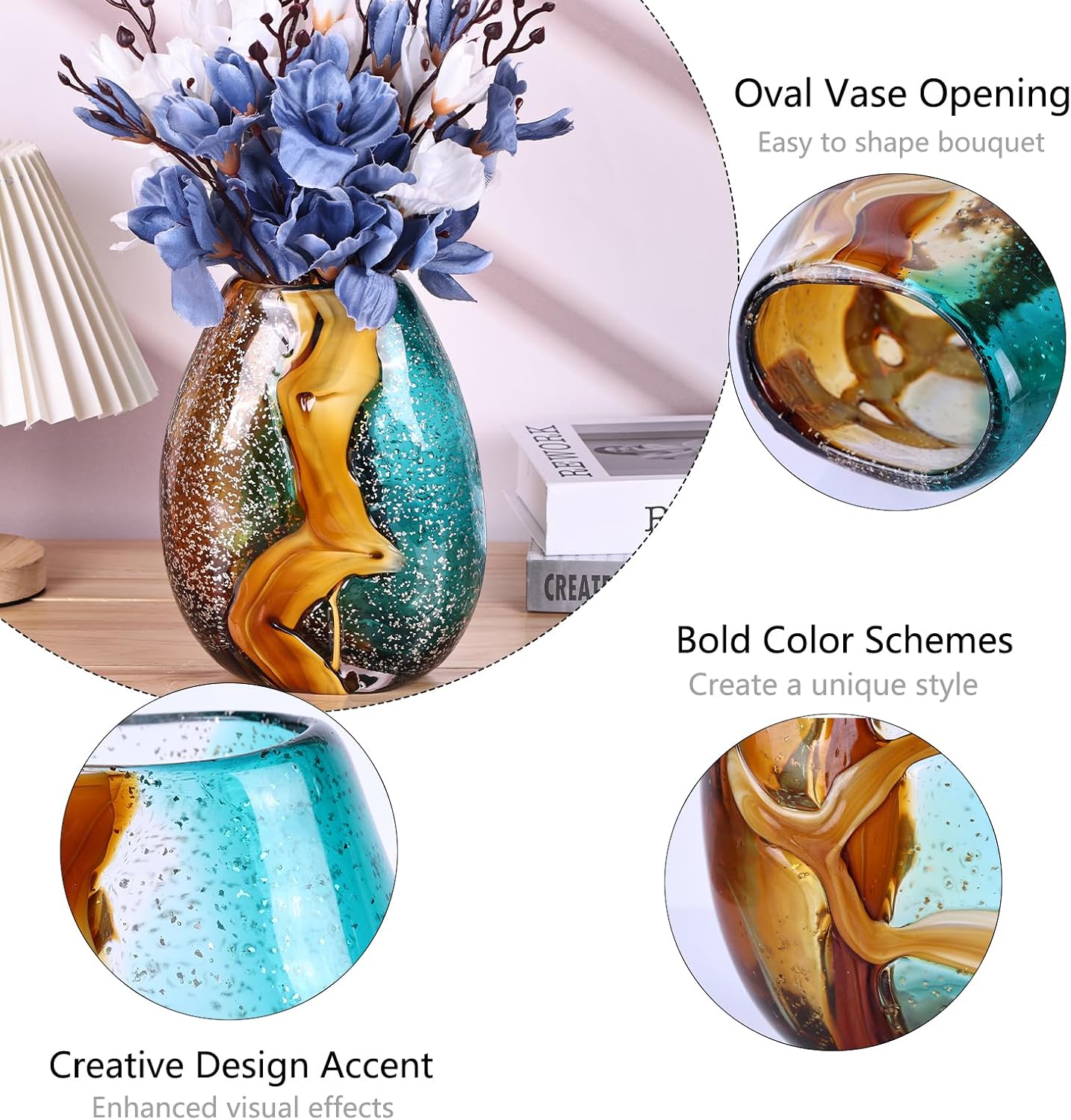 Pretty Hand Blown Glass Vase, Colored Glass Flower Vases Home Decor, Amber and Teal Decorative Murano vase for Living Room Office Bedroom Coastal Table Centerpieces Gift