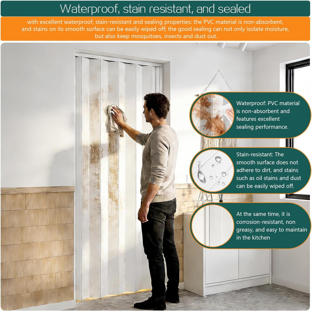 24×80in PVC Internal Accordion Folding Door, Multifold Sliding Door for Closet, White in Color, with Installation Hardware; Handle; Latch.