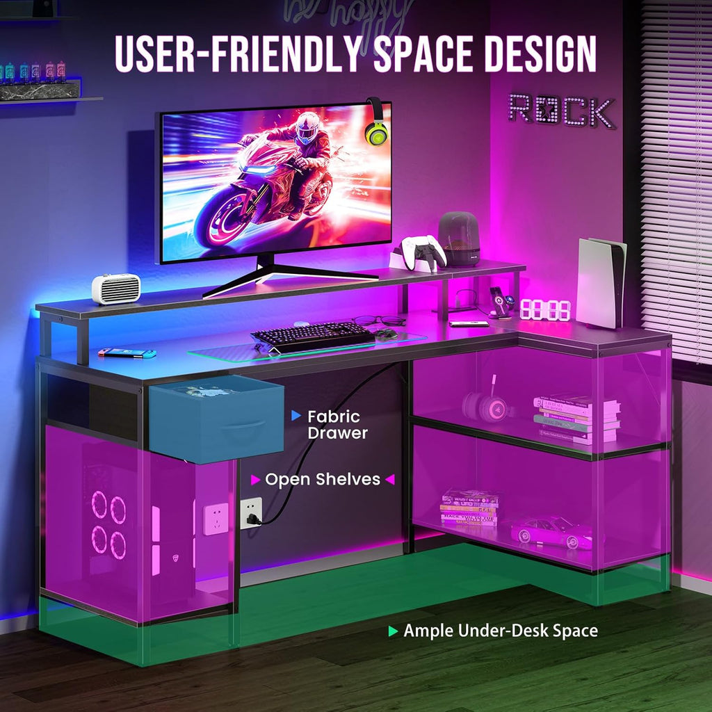 DUMOS 47" Gaming Desk with USB Charging Ports & LED Lights, Reversible L-Shaped Corner Computer Table for Small Spaces, Power Outlets, Monitor Stand & Storage Shelves Included, Black