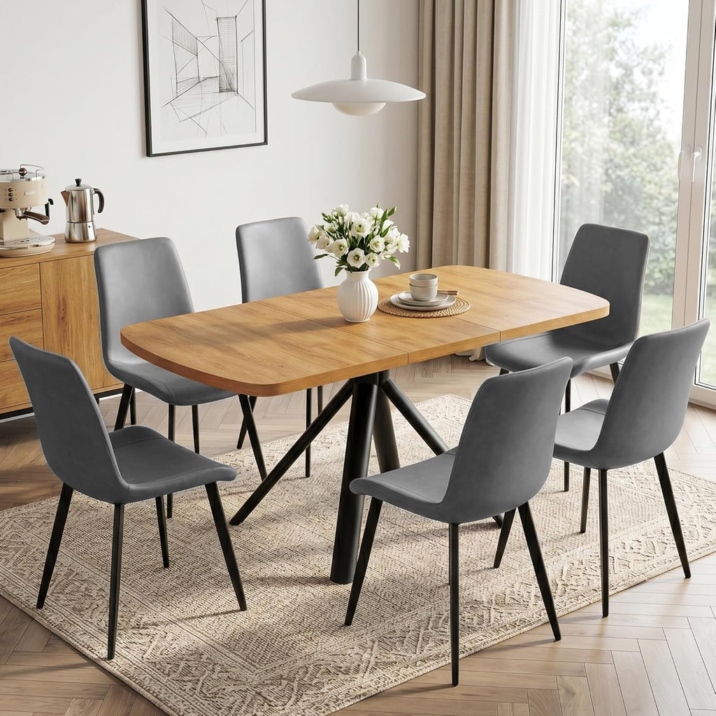 HIPIHOM Extendable Dining Table Set for 6 People, 47.2''-63'' MDF Kitchen Table with 6 Upholstered Chairs, Metal Legs for Dining Room, Kitchen, Apartment(Oak Table+6 Grey Chairs)