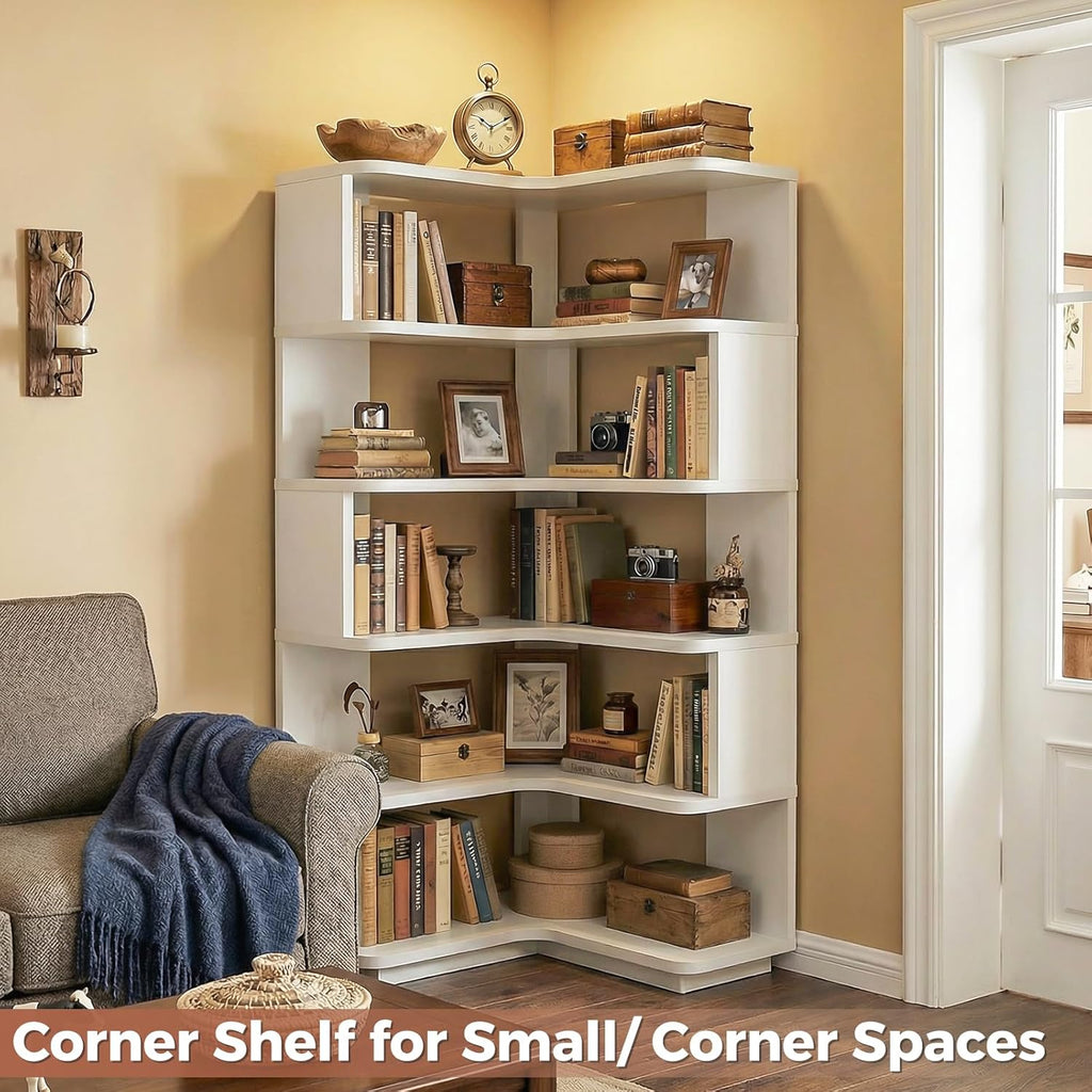 Besiost Corner Book Shelf, 6-Shelf Corner Bookshelf for Small Corner Spaces, L-Shape Bookcase Corner Display Shelf for Home Office, Living Room, Bedroom, White