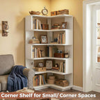 Besiost Corner Book Shelf, 6-Shelf Corner Bookshelf for Small Corner Spaces, L-Shape Bookcase Corner Display Shelf for Home Office, Living Room, Bedroom, White