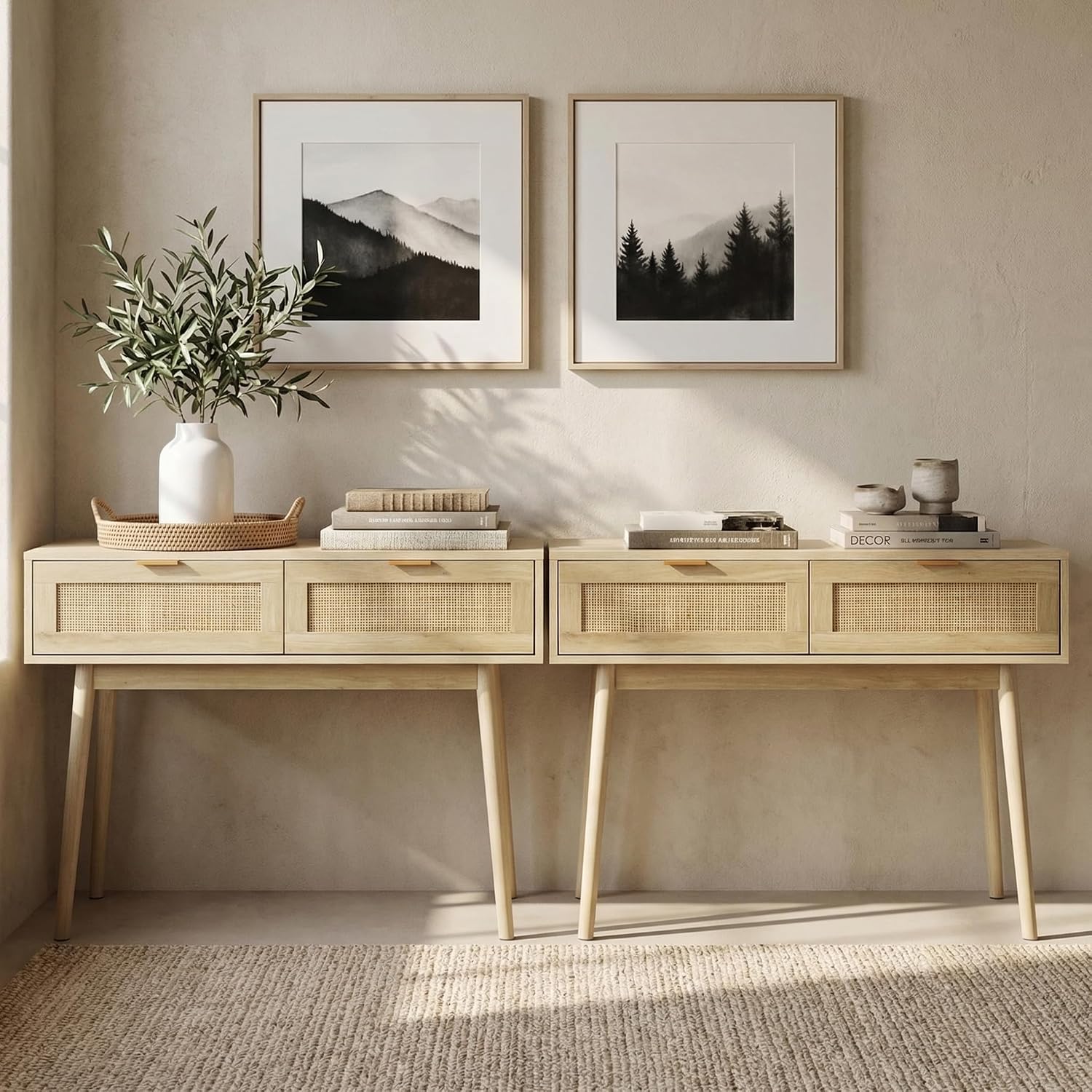 HOPUBUY Console Table Rattan Desk with Drawers Set of 2, Oak Narrow Sofa Table with Pine Leg, Modern Small Entryway Table for Hallway and Living Room, 39" Rustic Natural
