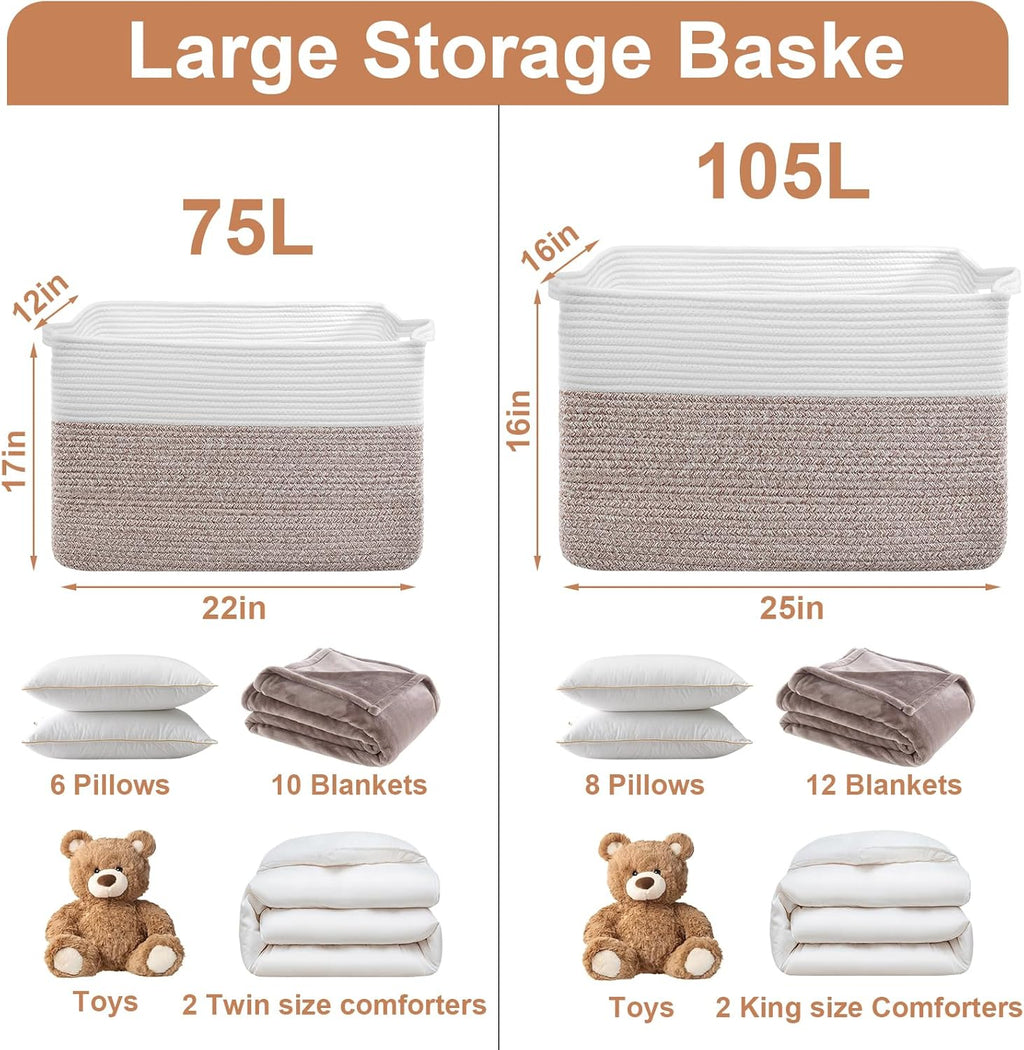 75L Extra Large Blanket Basket for Living Room - Cotton Rope Laundry Hamper Woven Baskets XXL Storage Bin with Handles for Dirty Clothes, Kids, Pets, Toys, Bedroom, 22" x 17" x 12", White & Brown