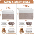 75L Extra Large Blanket Basket for Living Room - Cotton Rope Laundry Hamper Woven Baskets XXL Storage Bin with Handles for Dirty Clothes, Kids, Pets, Toys, Bedroom, 22" x 17" x 12", White & Brown