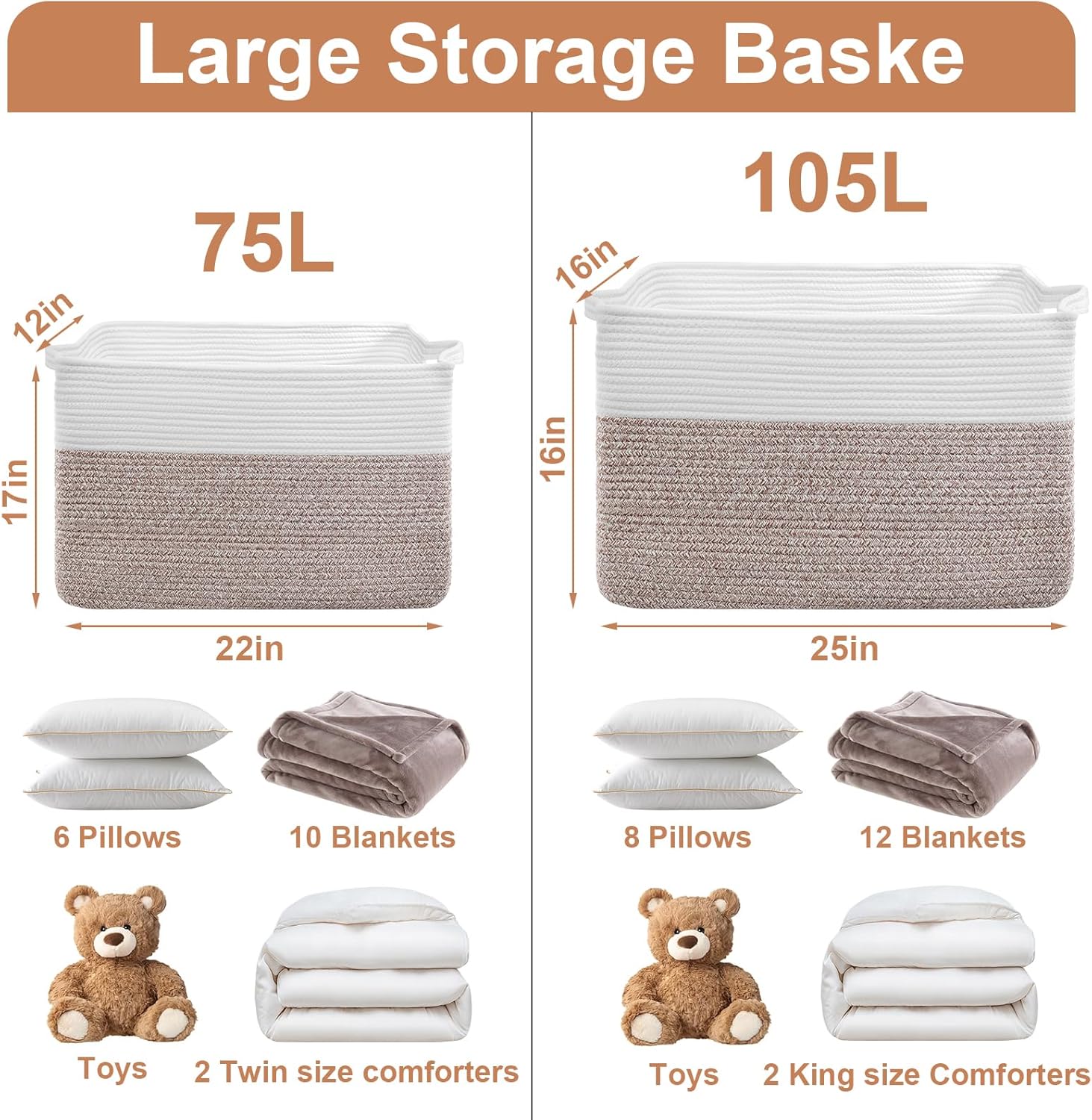 75L Extra Large Blanket Basket for Living Room - Cotton Rope Laundry Hamper Woven Baskets XXL Storage Bin with Handles for Dirty Clothes, Kids, Pets, Toys, Bedroom, 22" x 17" x 12", White & Brown