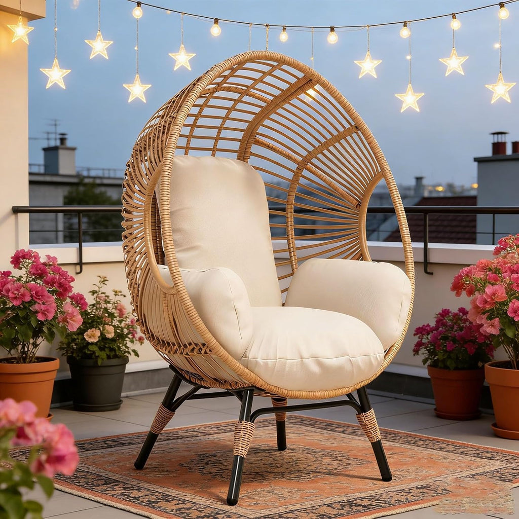 Outdoor Egg Chair Wicker, 400lbs Capacity, Weather-Resistant PE Rattan, 8-Inch Cushion Balcony Chairs(Natural)