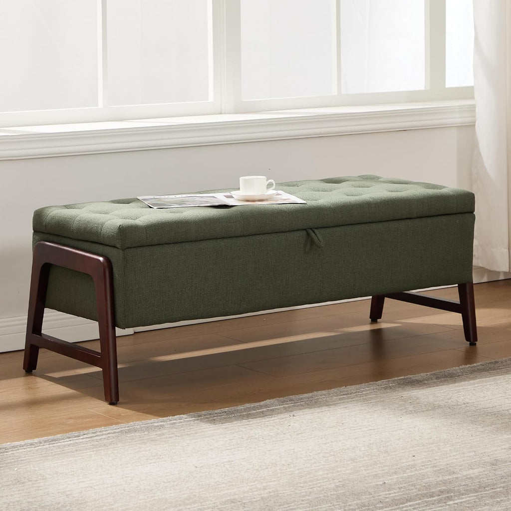 48" Ottoman with Storage,Storage Ottoman Bench with Hinge, Upholstered Entryway Bench with Seating for Bedroom, Living Room, Green