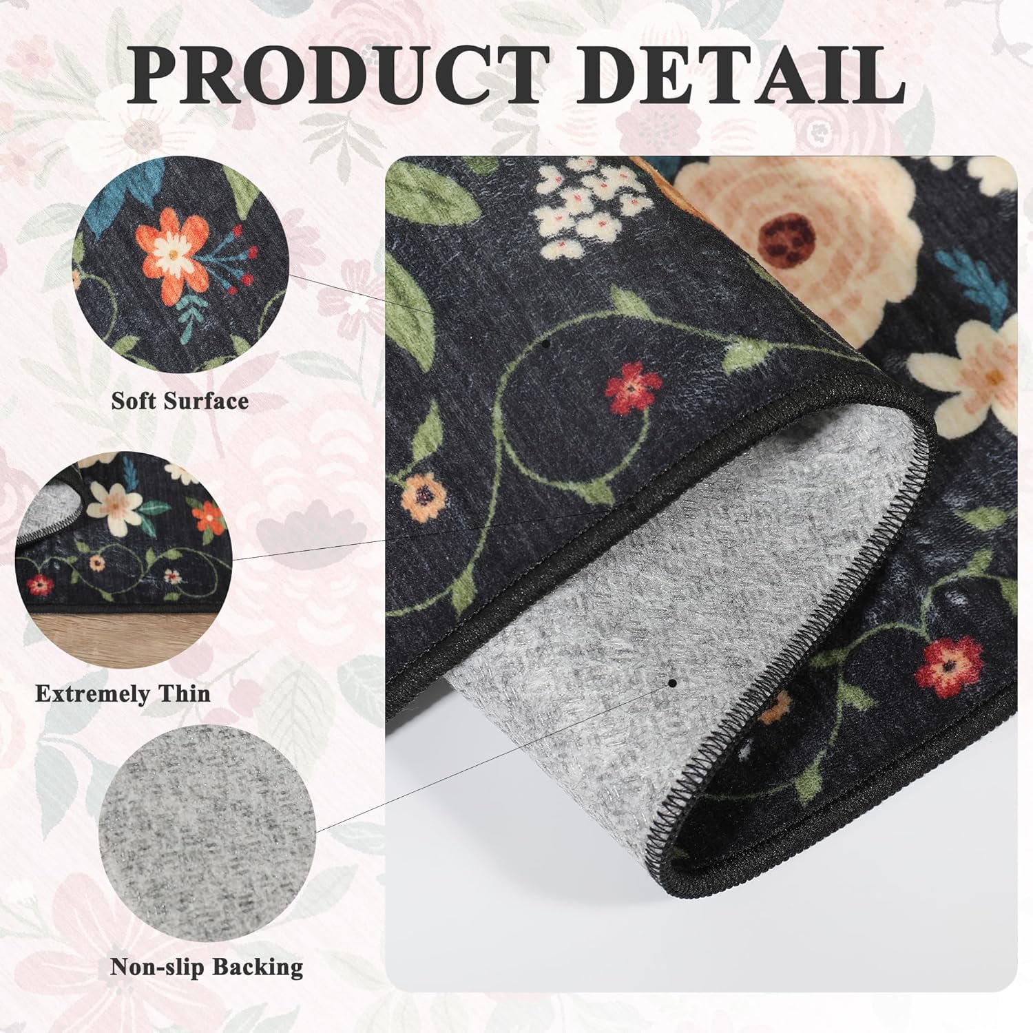 DUKINO 2x3 Rugs for Entryway, Floral Indoor Washable Door Mat, Non Slip Boho Small Rug for Kitchen, Soft Low Pile, Front Door Throw Rug for Entrance, Bedroom, Kitchen, Laundry, Bathroom, Black