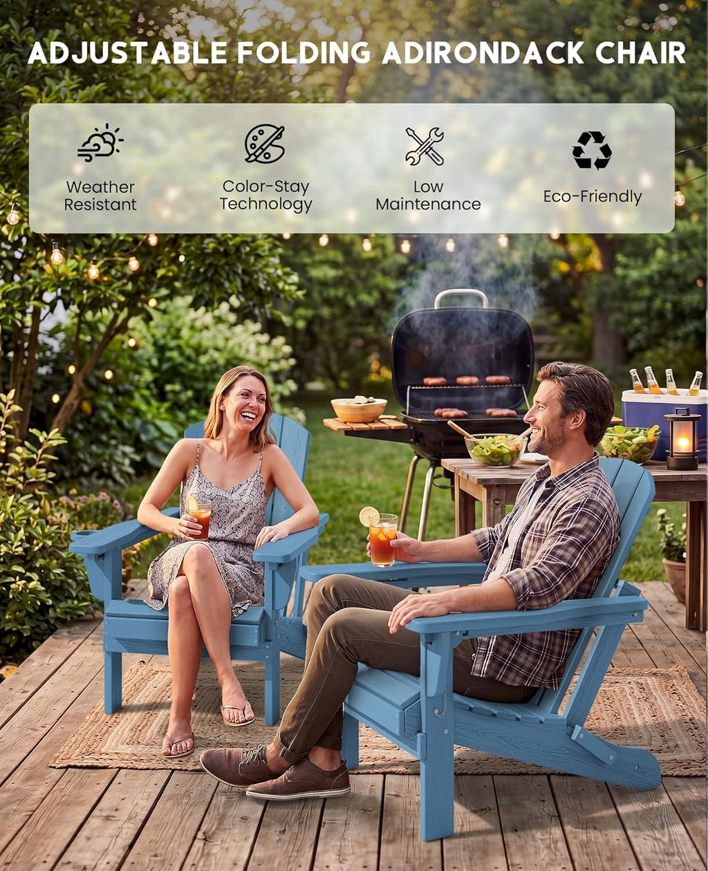 SERWALL Folding Adirondack Chair Set of 2, Adjustable Adirondack Chair with 3 Recline Positions, All Weather HDPE Outdoor Adirondack with Cup Holders, Blue