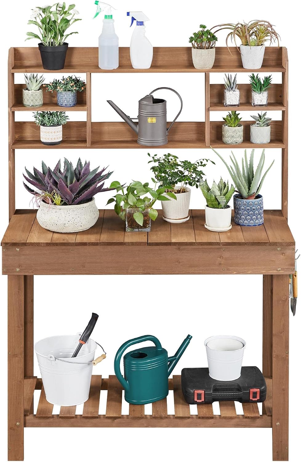 Topeakmart Potting Bench Germination Table - Wood Garden Work Bench Flatform w/Display Rack/Practical Storage Prganizer for Backyard, Patio and Balcony, Brown