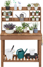 Topeakmart Potting Bench Germination Table - Wood Garden Work Bench Flatform w/Display Rack/Practical Storage Prganizer for Backyard, Patio and Balcony, Brown