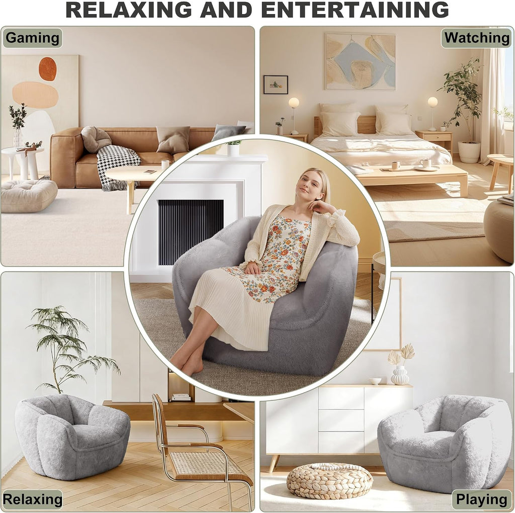 Bean Bag Chair,BeanBag Chairs for Adults,Oversized Bean Bag Couch,Grey Bean Bag with Memory Foam Filling,Faux Fur Reading Chair,Stuffed Floor Sofa for Bedroom Dorm Living Room, Apartment,Grey