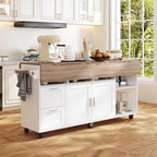 Rolling Kitchen Island Cart with Storage, Mobile Kitchen Island on Wheels with Drop Leaf & 2 Drawers, Adjustable Shelf, Towel Rack & Brown Tabletop, White, 70.9”W x 31.7”D x 35.4”H