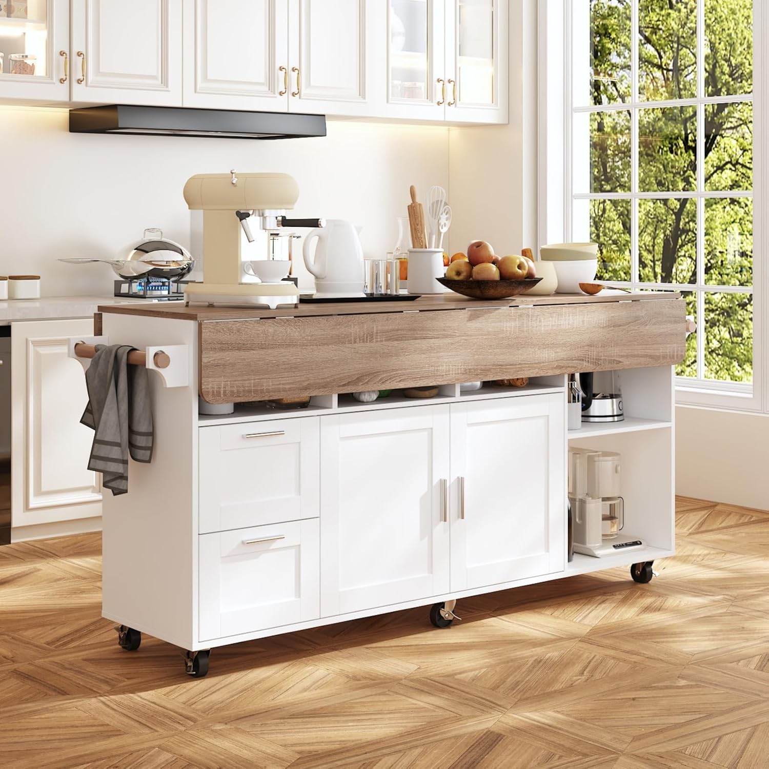 Rolling Kitchen Island Cart with Storage, Mobile Kitchen Island on Wheels with Drop Leaf & 2 Drawers, Adjustable Shelf, Towel Rack & Brown Tabletop, White, 70.9”W x 31.7”D x 35.4”H