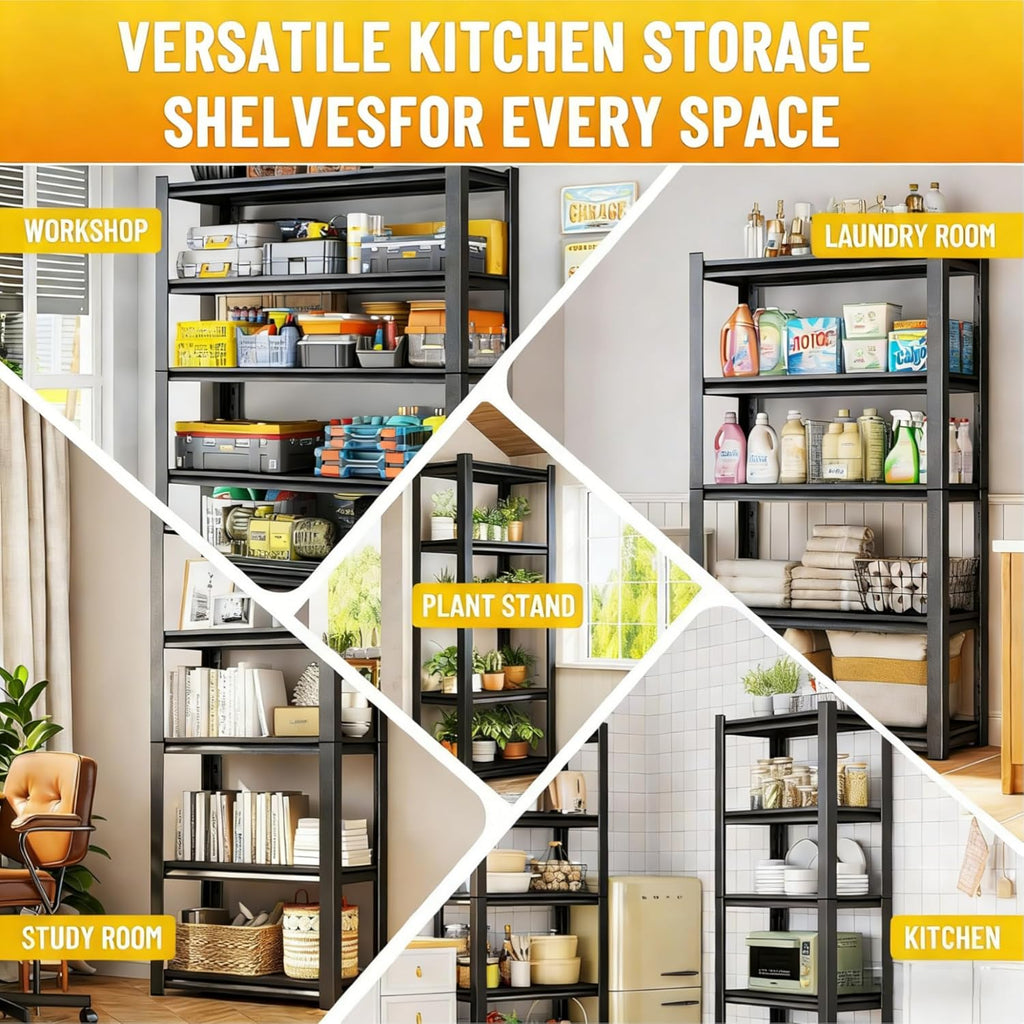 5-Tier Kitchen Storage Shelves, 2500LBS Heavy Duty Garage Metal Shelving Unit, 72" H Adjustable Pantry shelves, Industrial Storage Rack, Microwave Stand & Bakers Rack for Home Office, Garage - Black