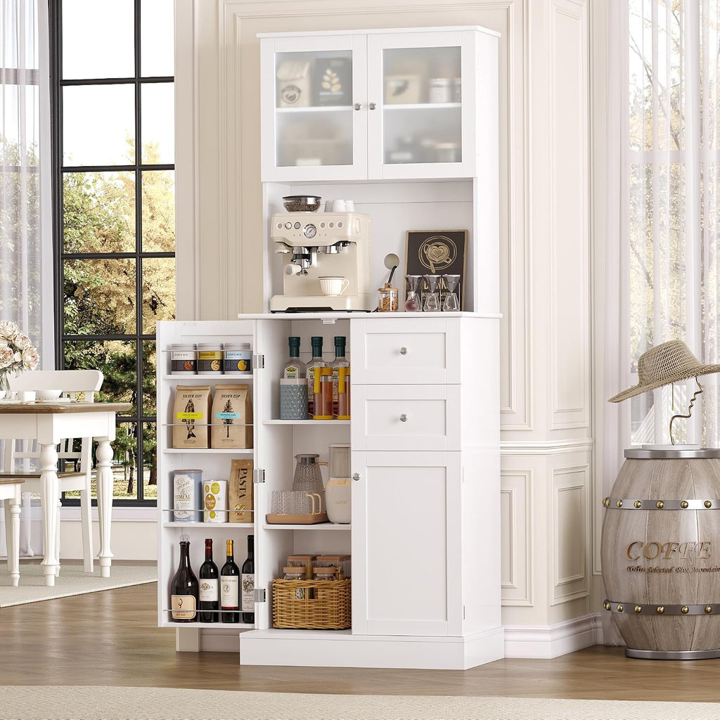 BOTLOG 72" Tall Kitchen Pantry Storage Cabinet, Kitchen Hutch Cabinet with Doors and Shelves, Modern Food Pantry with 2 Drawers for Dining Room, Living Room, White