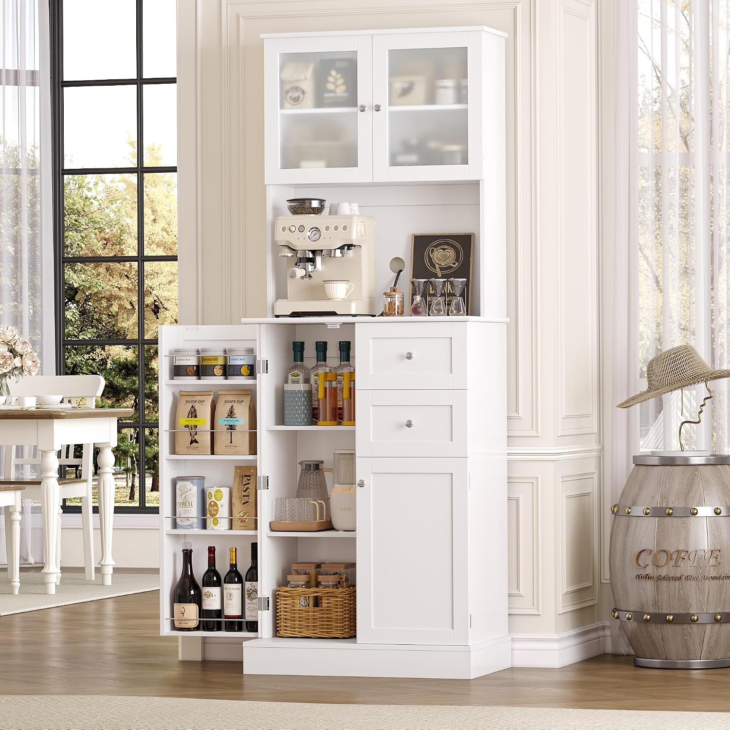 BOTLOG 72" Tall Kitchen Pantry Storage Cabinet, Kitchen Hutch Cabinet with Doors and Shelves, Modern Food Pantry with 2 Drawers for Dining Room, Living Room, White