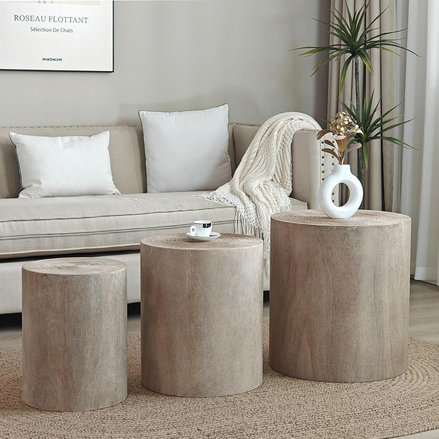 Round Nesting Small Coffee Table Side Table End Set of 3 for Living Room Bedroom, Farmhouse Countryside Style, No Assembly, Natural Wood