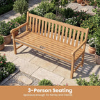 Tangkula 62" Teak Wood Outdoor Bench, 3-Seat Solid Wood Garden Patio Bench with Armrests and Backrest, Wooden Outside Porch Bench Seating Furniture for Backyard, Balcony and Park (62")
