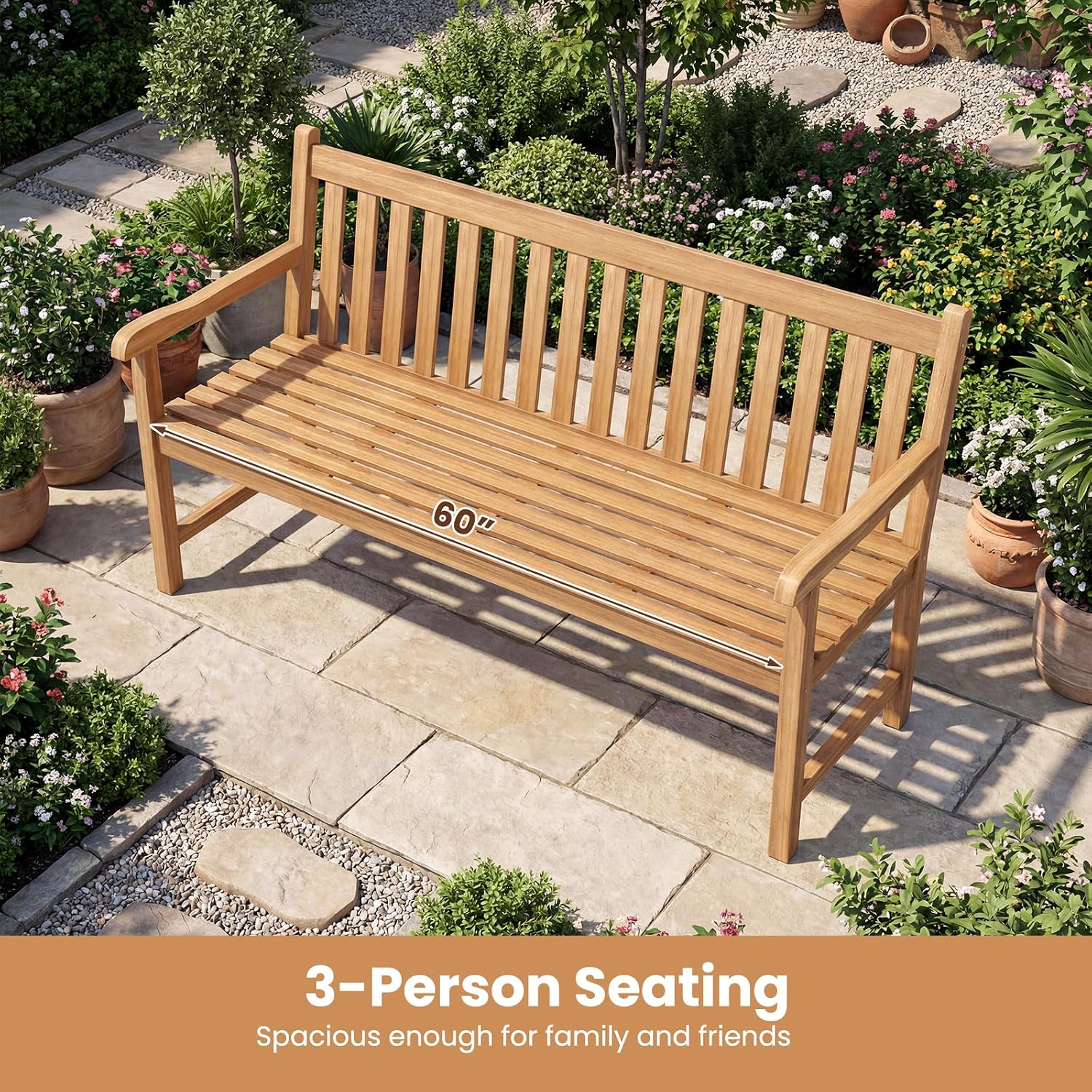 Tangkula 62" Teak Wood Outdoor Bench, 3-Seat Solid Wood Garden Patio Bench with Armrests and Backrest, Wooden Outside Porch Bench Seating Furniture for Backyard, Balcony and Park (62")