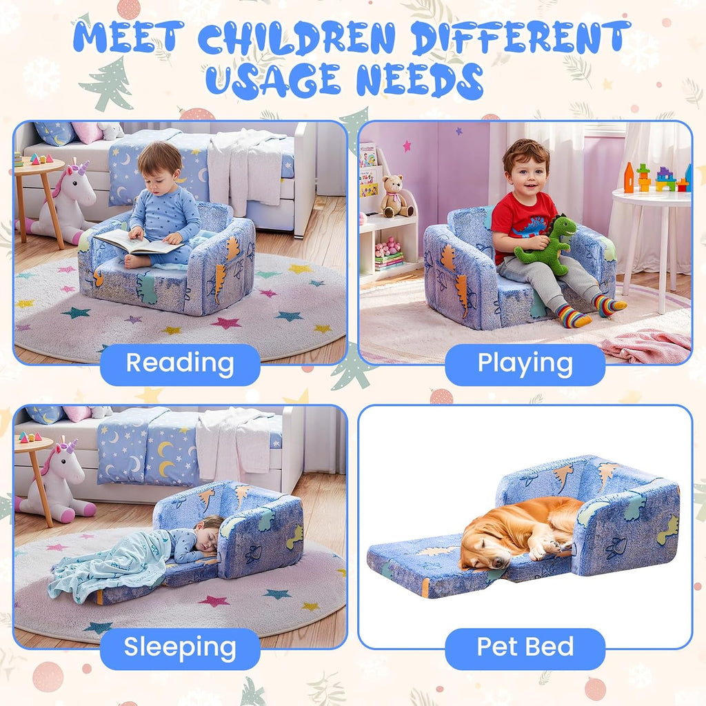 Lamerge 2-in-1 Soft Toddler Couch Fold Out,Foldable Toddler Chair, Glow in The Dark Kids Sofa for playroom,Convertible Foam and Floor Cushion for Boys and Girls (Blue and Dinosaur)