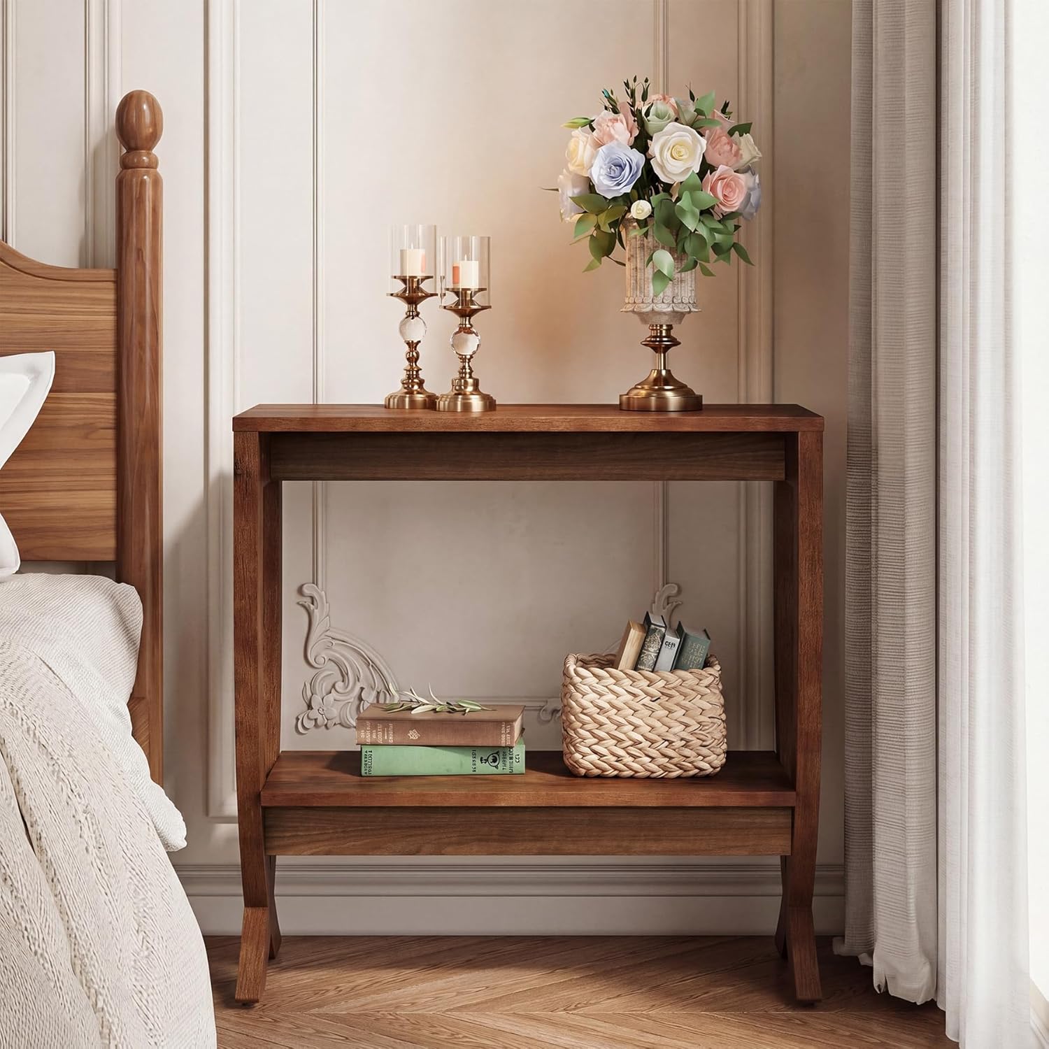 Solid End Table, 2-Tier Couch Side Table with Arched Legs for Small Space, Living Room, Easy Assembly, Rustic Walnut