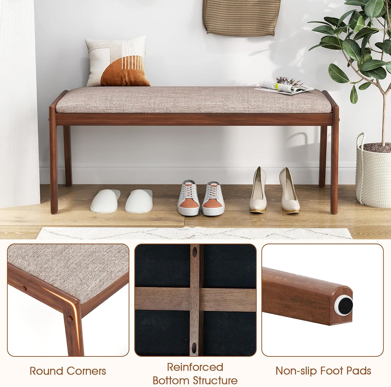 Giantex 45" Upholstered Entryway Bench with Rubber Wood Legs & Fabric Padded Seat, 400Lbs Capacity, Farmhouse Dining Bench for End of Bed, Hallway, Bedroom, Kitchen, Dining Room, Beige