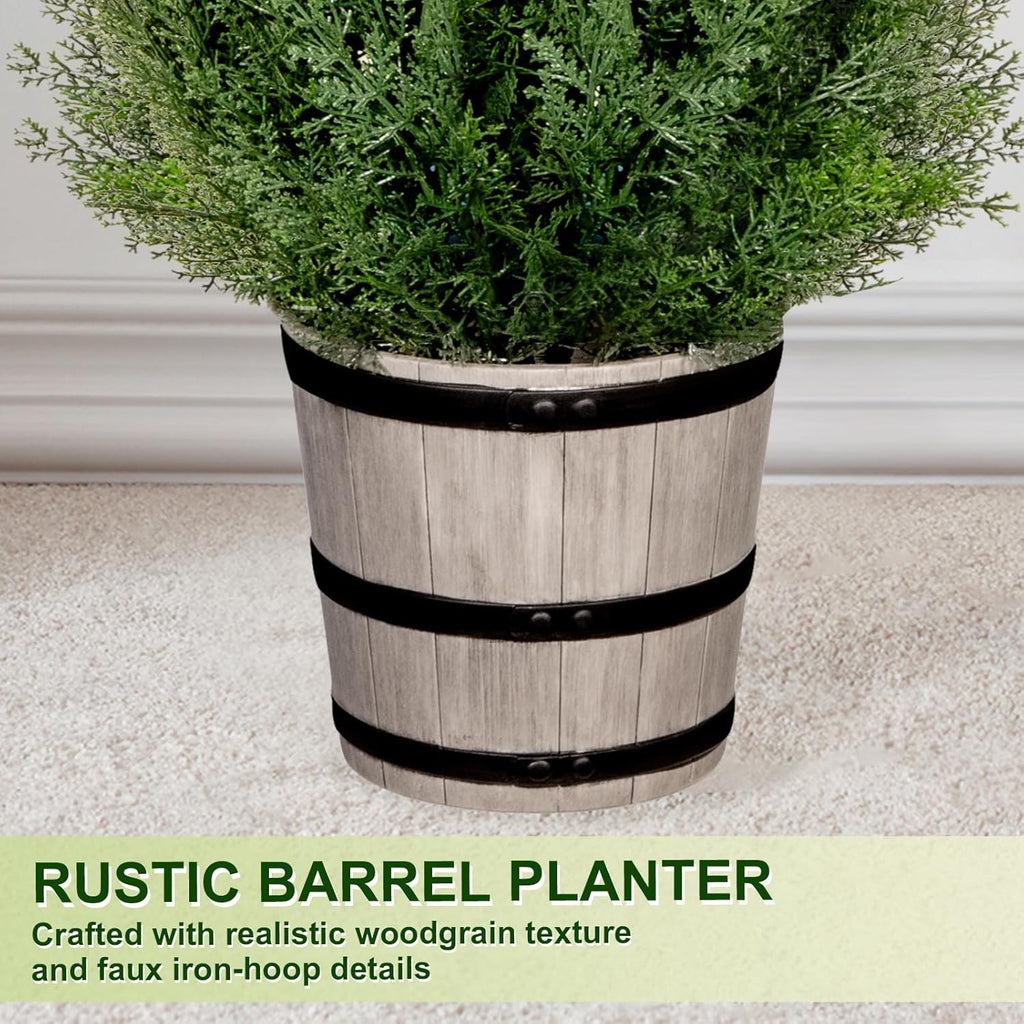 VIVATREES 4FT Artificial Cedar Topiary Trees with Rustic Barrel Planter, Outdoor Indoor Realistic Faux Pine Shrubs Plants, Fake Cypress Trees for Home Offices Porch Decor, Set of 2