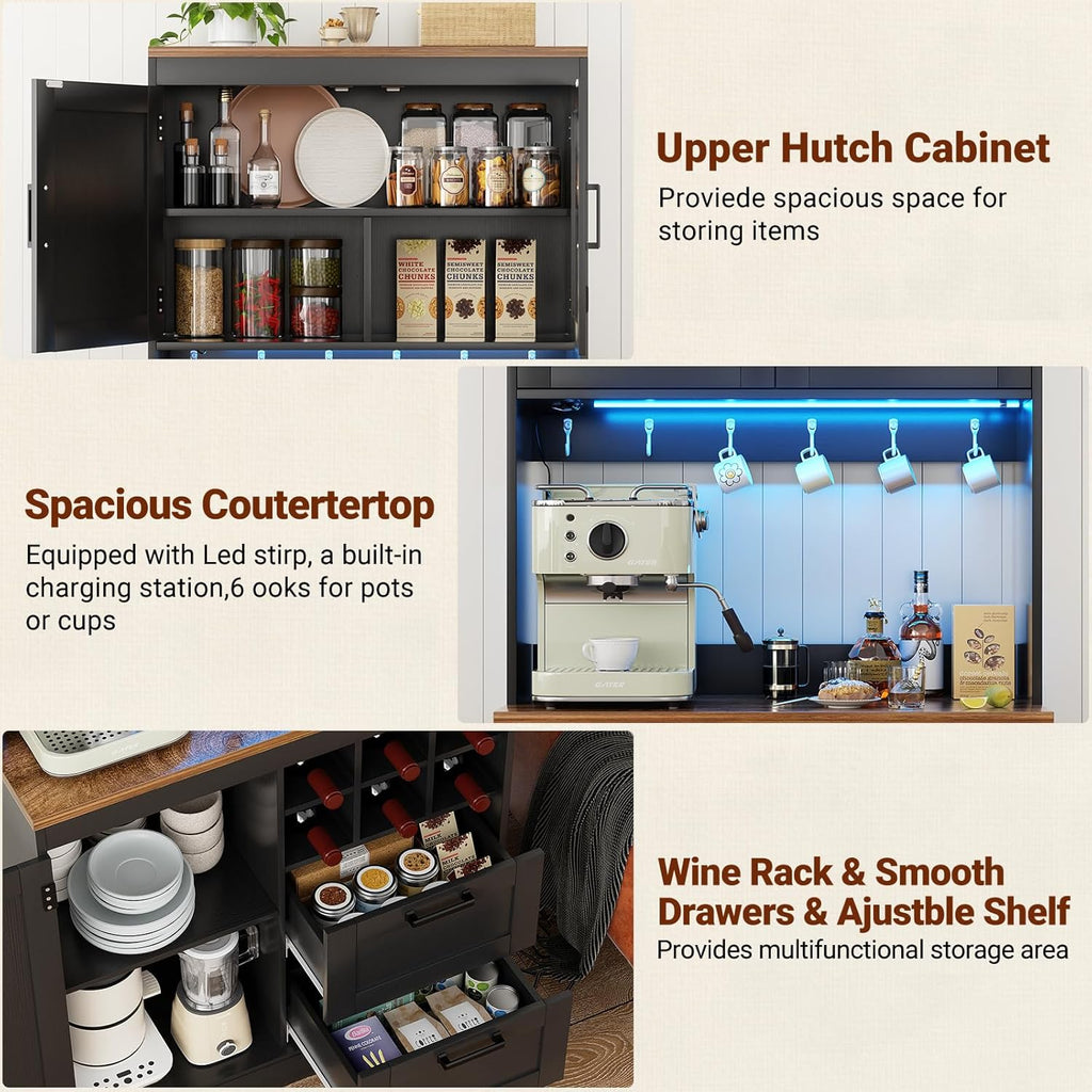 Unikito 72" Tall Pantry Cabinet, Kitchen Pantry Storage Cabinet with LED Light & Outlet, 63" Wide Kitchen Hutch Bar with Microwave Stand, Drawers, Wine Rack & Shelves for Dining Room, Black and Rustic