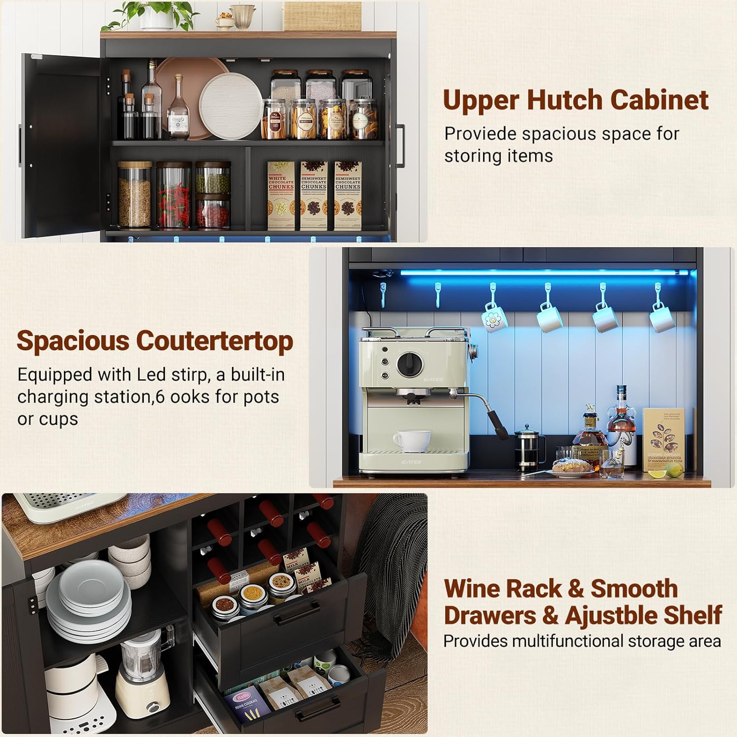 Unikito 72" Tall Pantry Cabinet, Kitchen Pantry Storage Cabinet with LED Light & Outlet, 63" Wide Kitchen Hutch Bar with Microwave Stand, Drawers, Wine Rack & Shelves for Dining Room, Black and Rustic