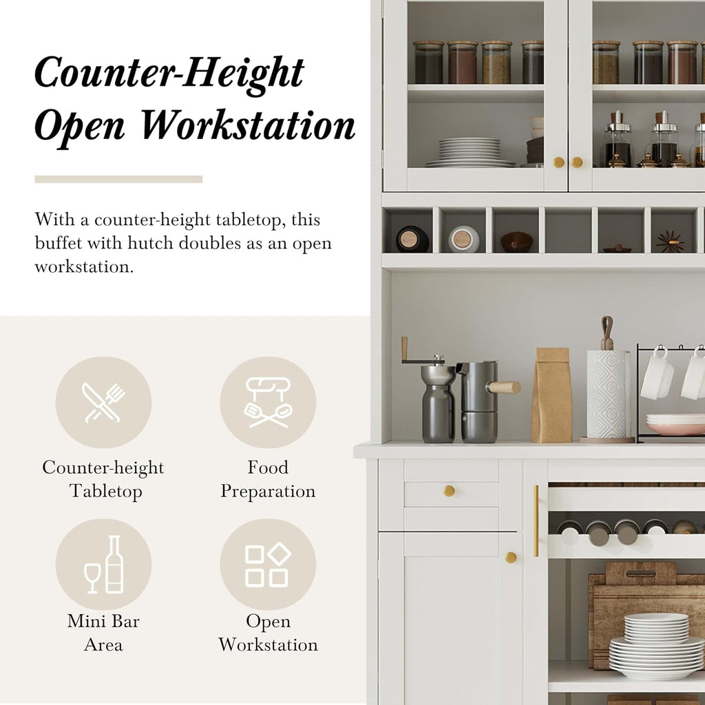 35” Wide Kitchen Hutch with Countertop, Farmhouse Pantry Cabinet with Microwave Shelf | Glass Doors | Wine Rack | Bottle Trays | Drawer, Wooden Structure (White)
