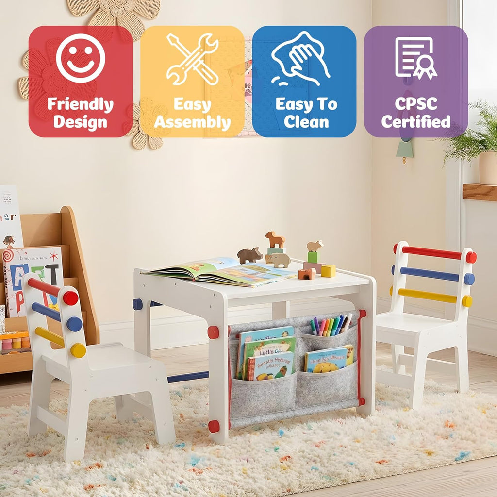 DOREROOM Wooden Kids Table and Chairs Set – 4-in-1 Activity Table with Removable Storage & Washable Graffiti Desktop for Drawing/Crafts/Arts/Reading, Toddler Desk for Home, Playroom, Ages 3+, White