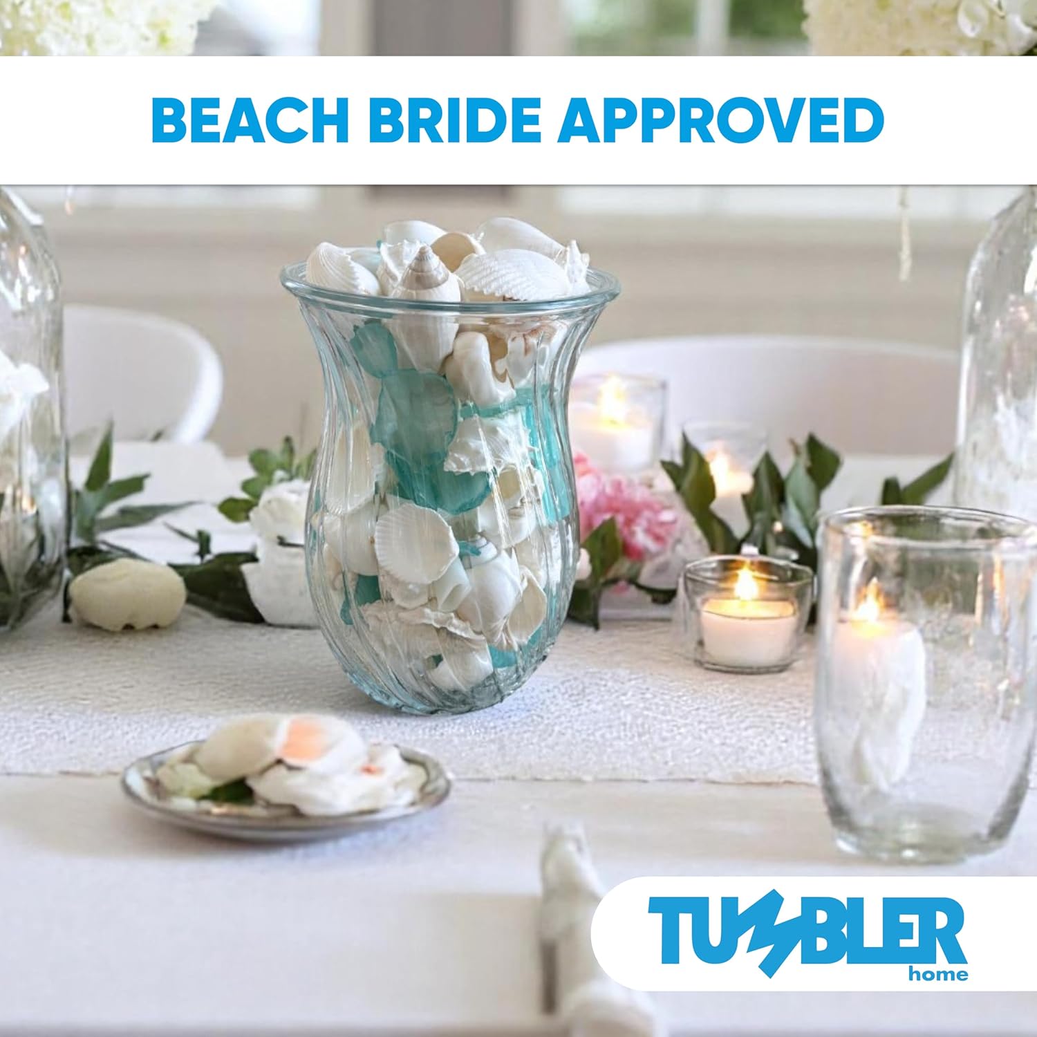 Tumbler Home White Sea Shell Mix with Aqua Sea Glass | Set Contains 1.5 lbs of Seashells and Seaglass | Beach Decor, Crafts, Wedding, Vase Filler