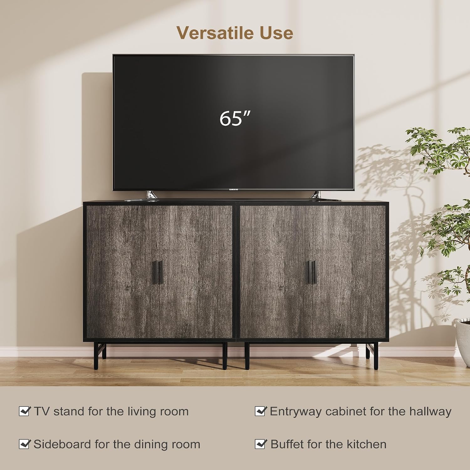 63" Sideboard Buffet Cabinet with Storage, Kitchen Storage Cabinet w/ Adjustable Shelf, 4-Door Console Table Accent Cabinet for Living Dining Room, Entryway, Hallway, Credenza, Coffee Liquor Bar, Grey