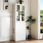 70.87" H Slim Display Storage Cabinet with 4 Tier Multi-Functional Pull-Out Shelves, Narrow Bookcase with 2 Glass Doors, Space Saving Storage Organizer for Kitchen Living Room Bathroom, White
