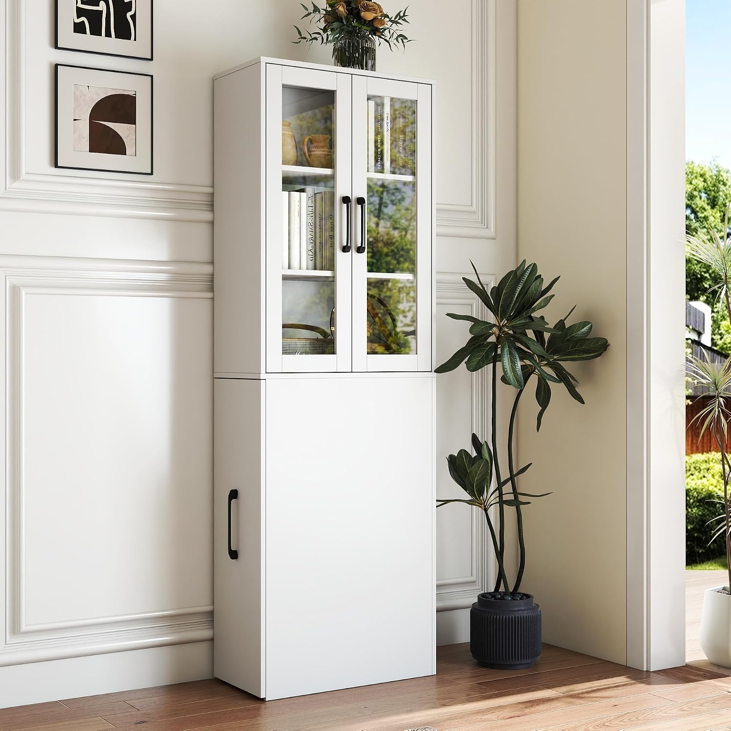70.87" H Slim Display Storage Cabinet with 4 Tier Multi-Functional Pull-Out Shelves, Narrow Bookcase with 2 Glass Doors, Space Saving Storage Organizer for Kitchen Living Room Bathroom, White