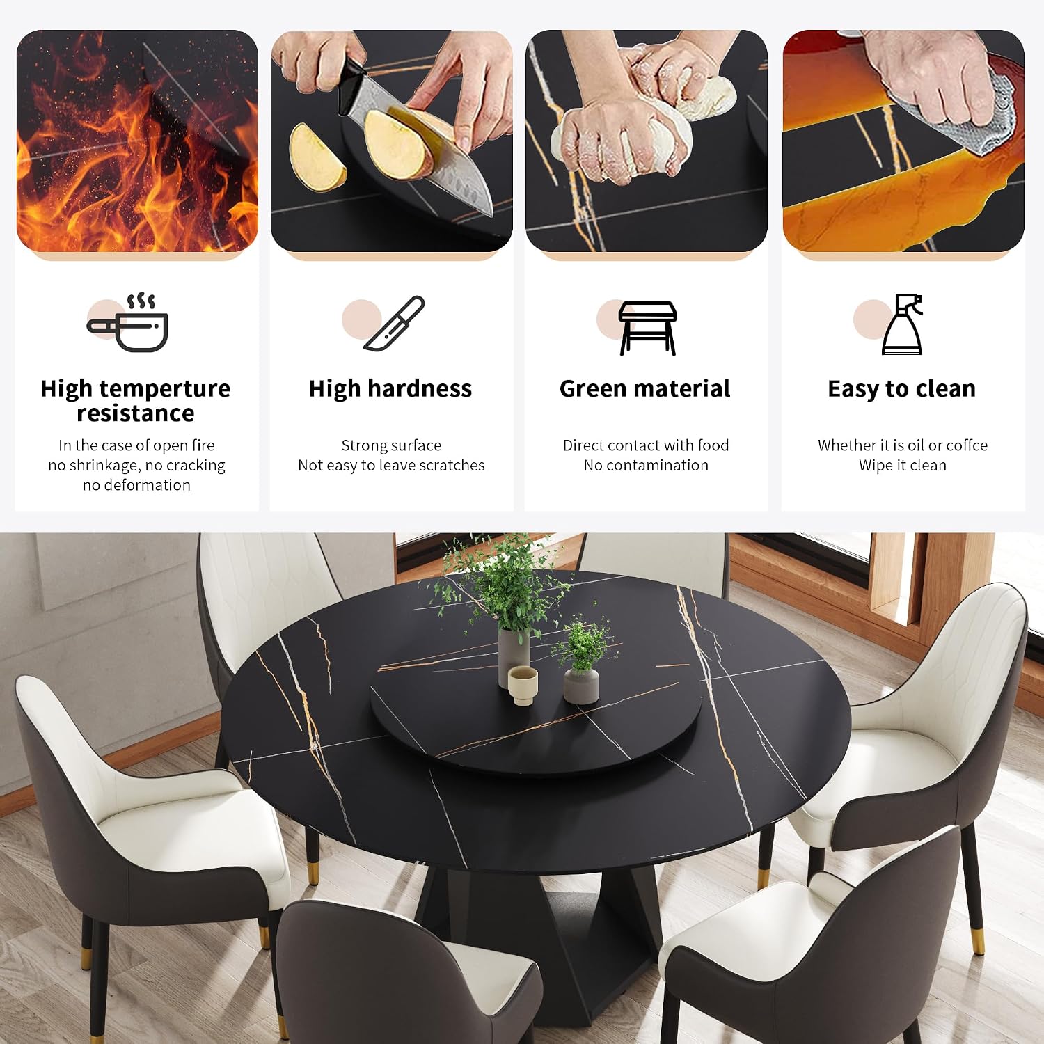 Montary 7 Piece Modern Dining Table Chairs Set of 6, Round 59" D Faux Marble Kitchen Table with Lazy Susan, Black Sintered Stone and Geometric Openwork Iron Dining Table with 6 Brown Chairs
