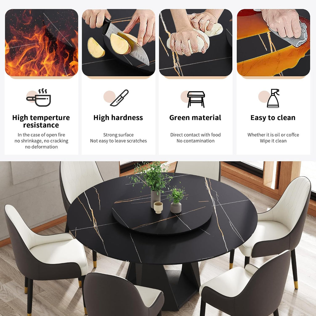 Montary 7 Piece Modern Dining Table Chairs Set of 6, Round 59" D Faux Marble Kitchen Table with Lazy Susan, Black Sintered Stone and Geometric Openwork Iron Dining Table with 6 Brown Chairs