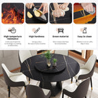 Montary 7 Piece Modern Dining Table Chairs Set of 6, Round 59" D Faux Marble Kitchen Table with Lazy Susan, Black Sintered Stone and Geometric Openwork Iron Dining Table with 6 Brown Chairs