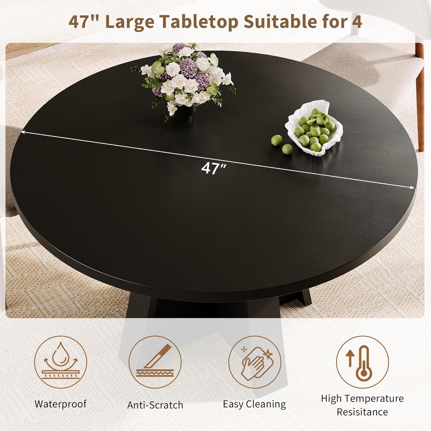 iPormis 47 Inches Round Dining Table for 4-6 People, Modern Wooden Kitchen Table for Dining Room, Farmhouse Circle Dinner Tables Furniture for Kitchen Living Room, Black